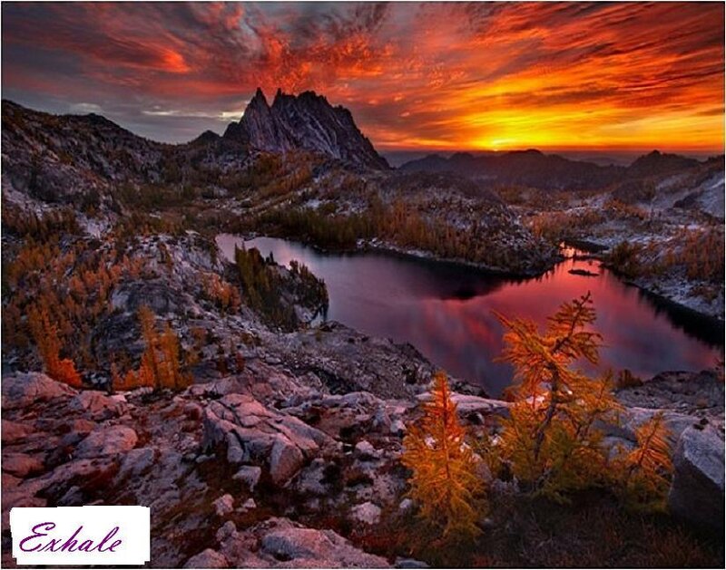 Sunset over mountain lake