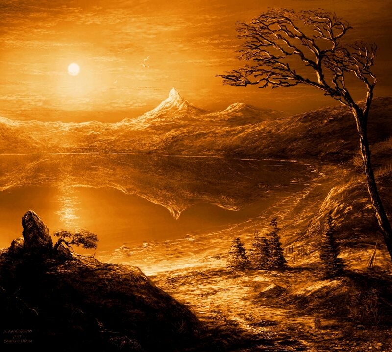 Sunset over mountain lake