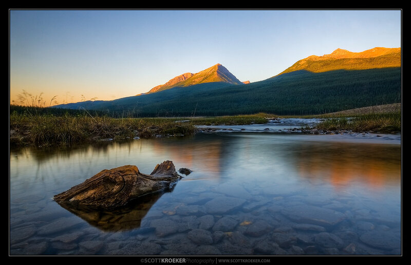 Sunset over mountain lake
