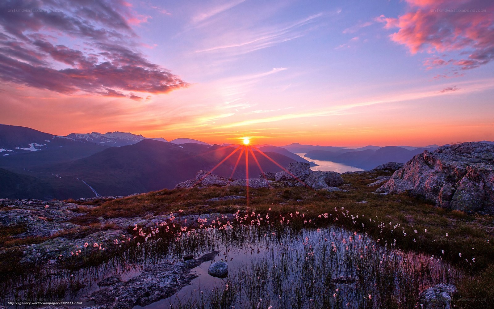 Sunset over mountain lake
