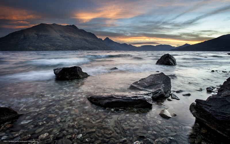 Sunset over mountain lake