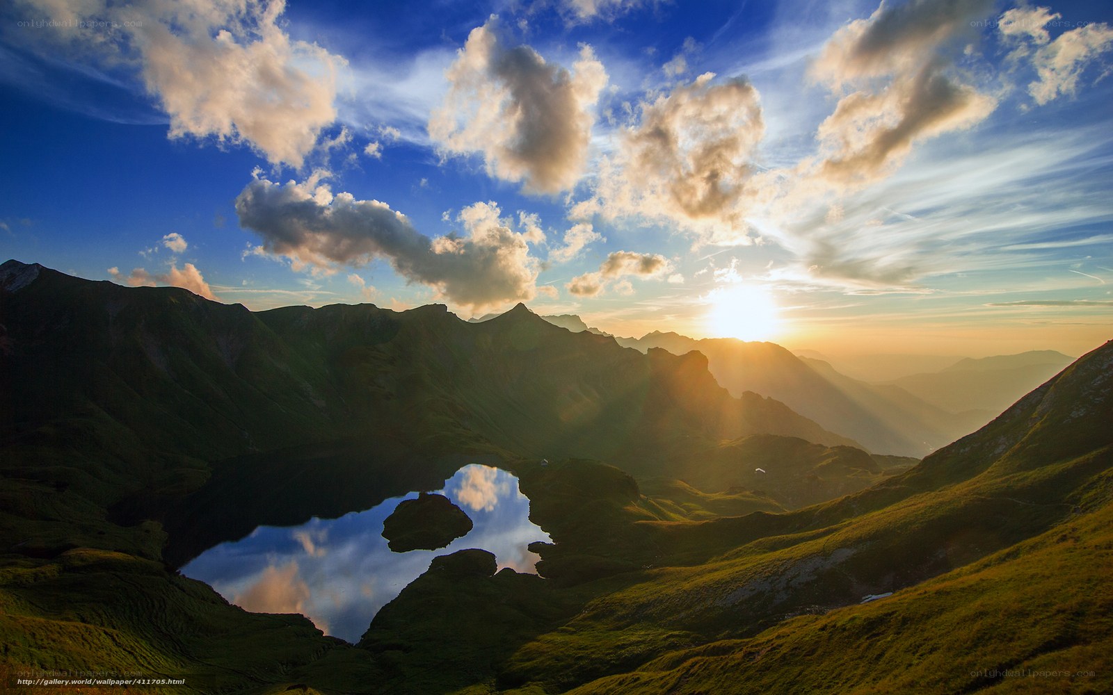 Sunset over mountain lake