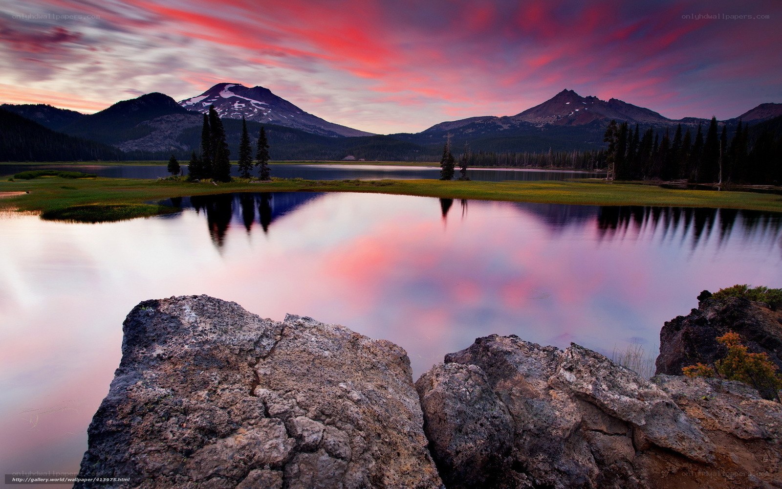 Sunset over mountain lake