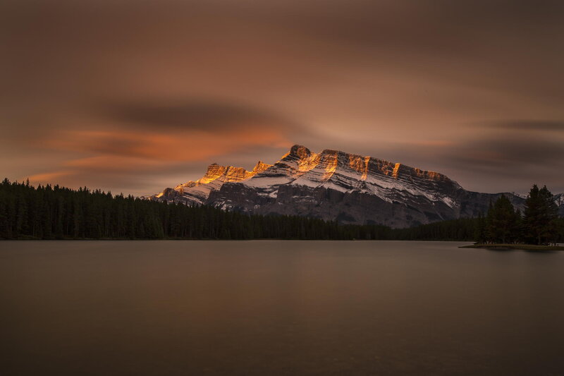 Sunset over mountain lake