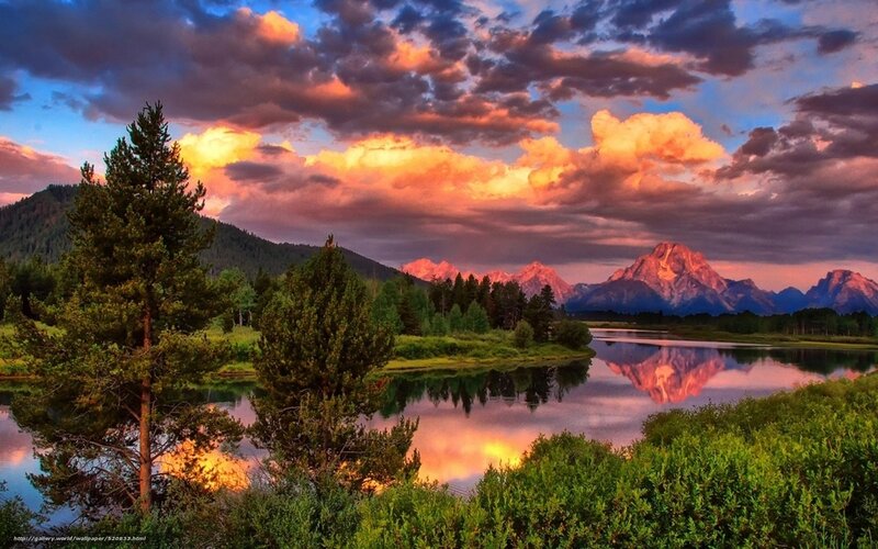 Sunset over mountain lake