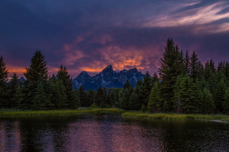 Sunset over mountain lake