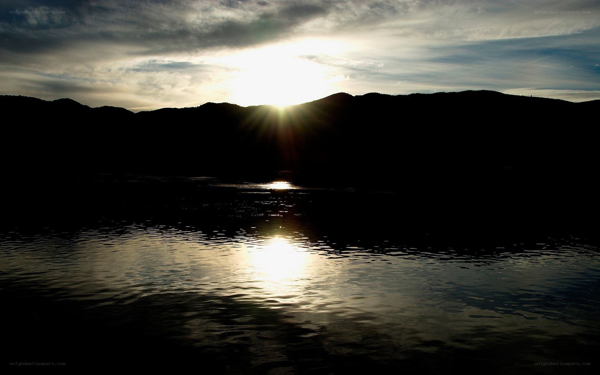 Sunset over mountain lake