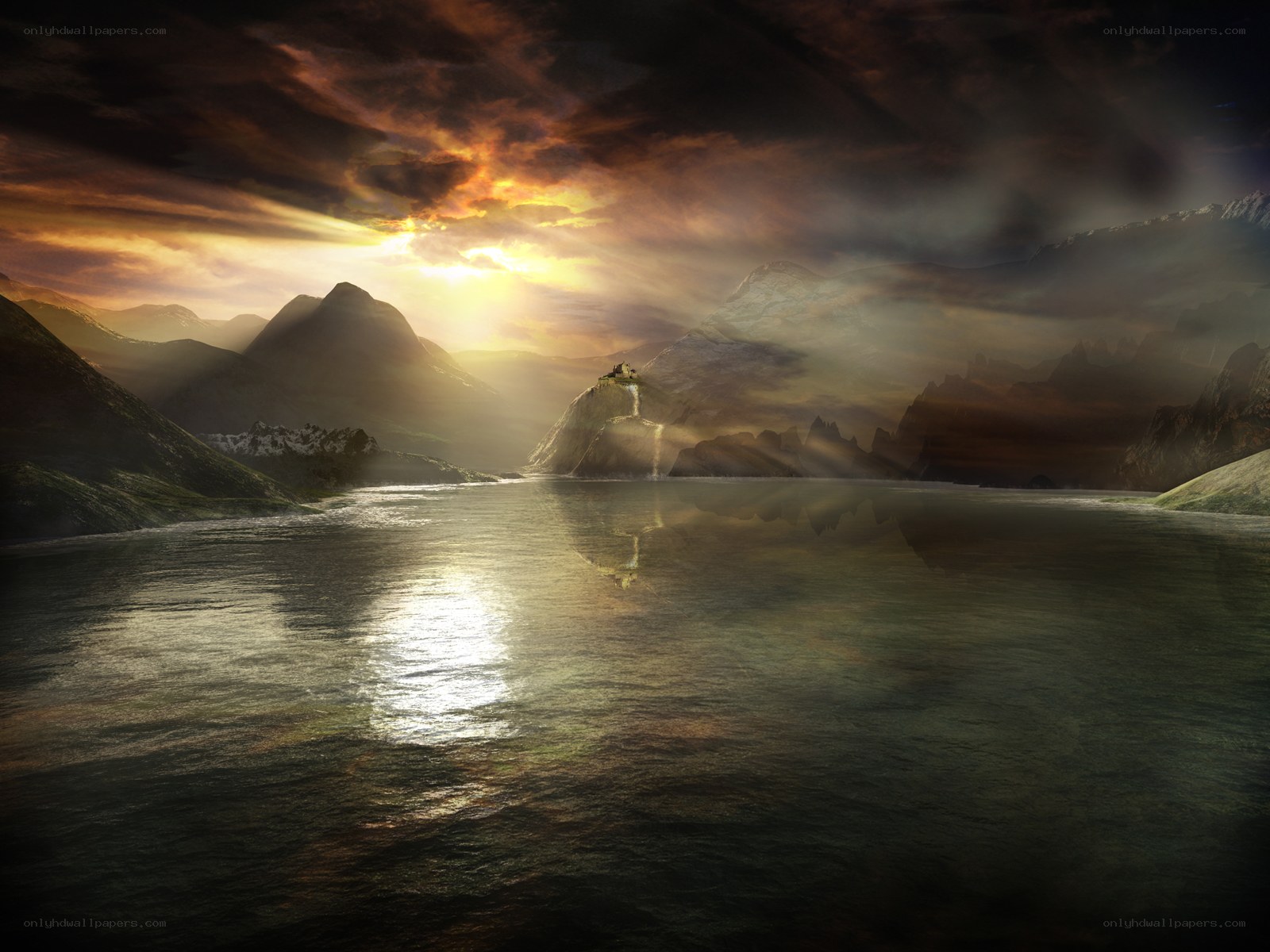 Sunset over mountain lake