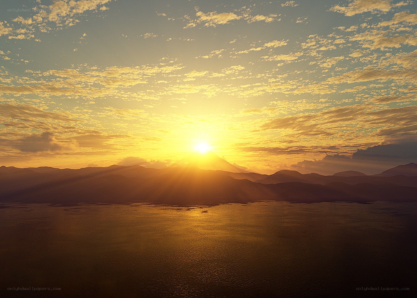 Sunset over mountain lake