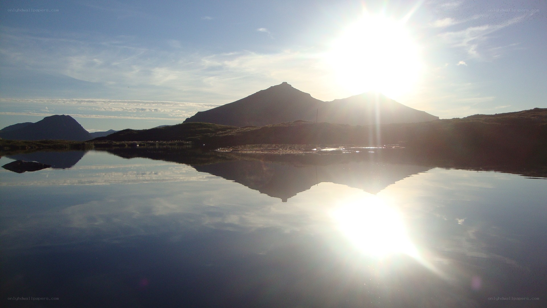 Sunset over mountain lake
