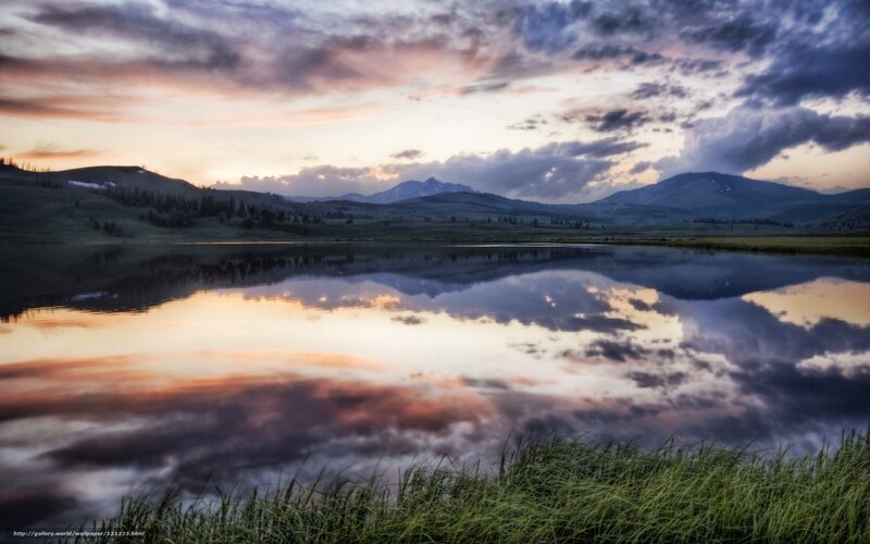 Sunset over mountain lake