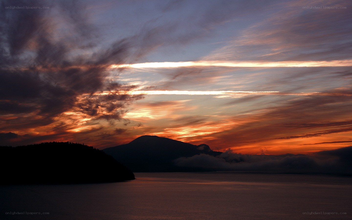 Sunset over mountain lake