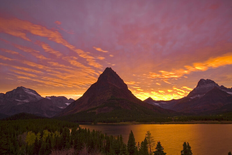 Sunset over mountain lake
