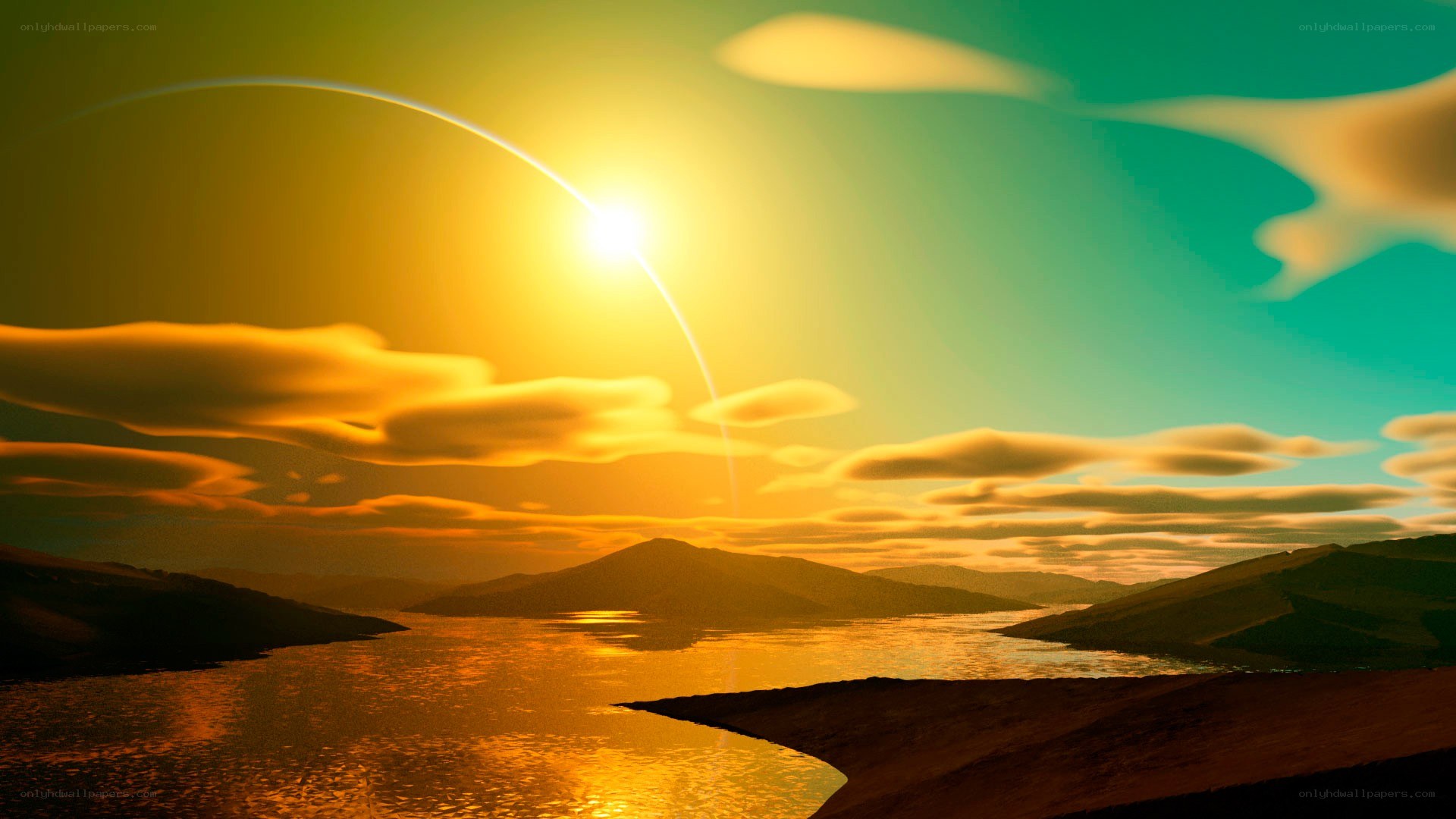 sunset over mountain lake
