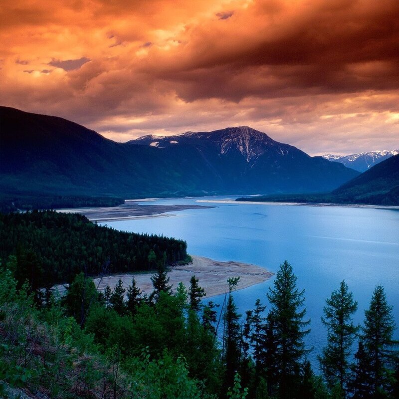 Sunset over mountain lake