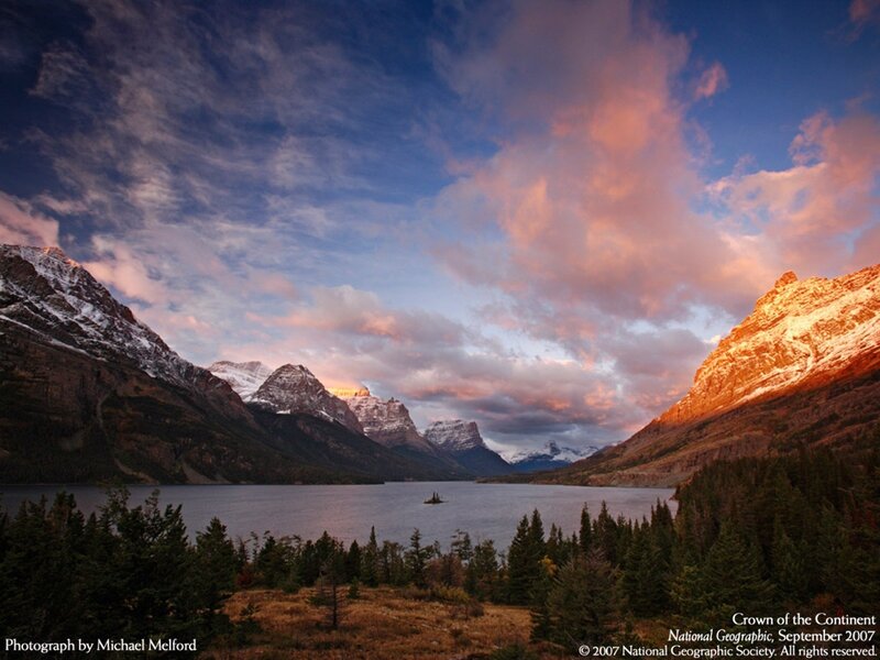 Sunset over mountain lake