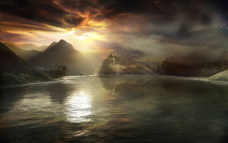Sunset over mountain lake