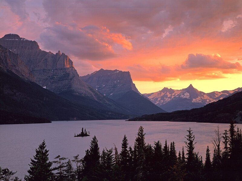 Sunset over mountain lake