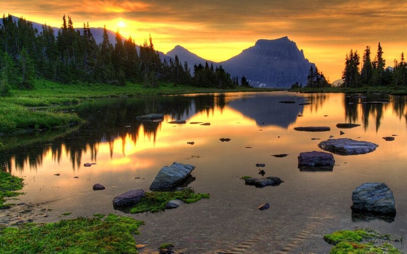 Sunset over mountain lake