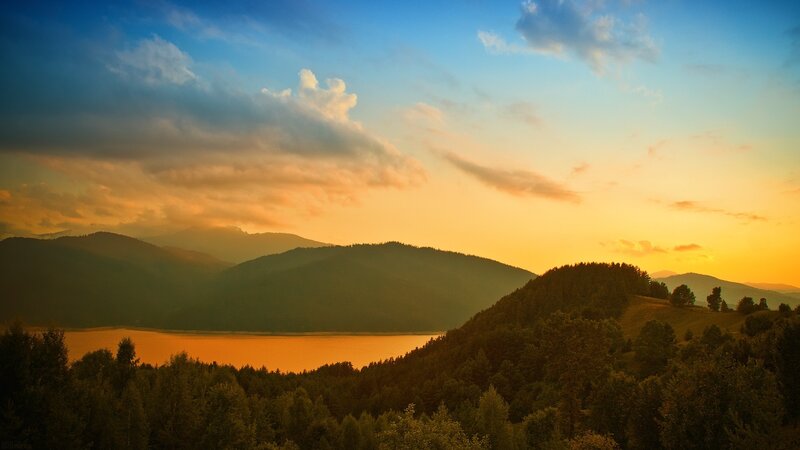 Sunset over mountain lake