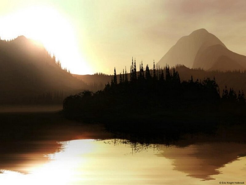 Sunset over mountain lake