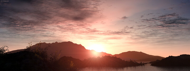 Sunset over mountain lake