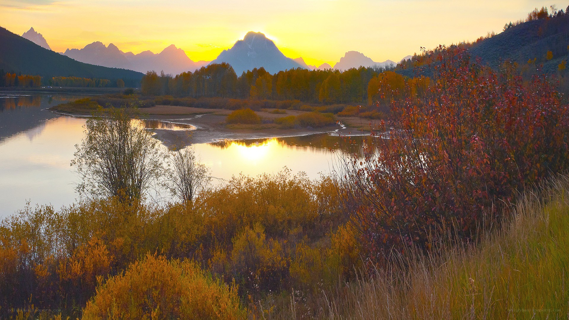Sunset over mountain lake