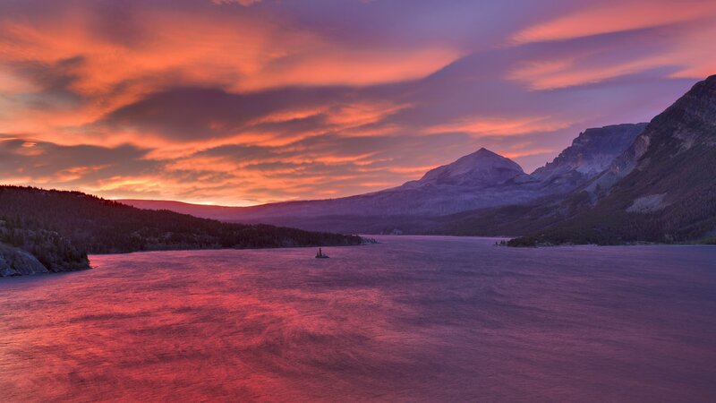 Sunset over mountain lake