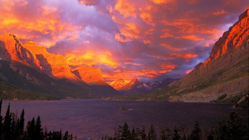 Sunset over mountain lake