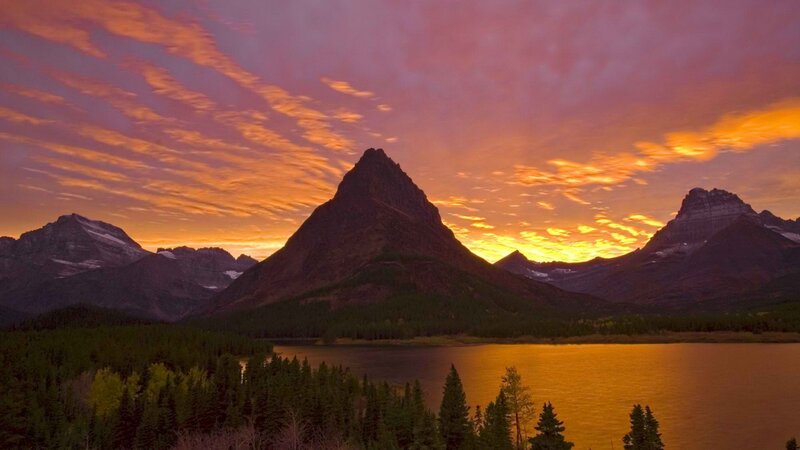 Sunset over mountain lake