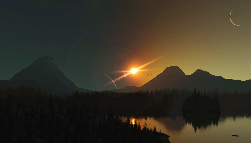 Sunset over Mountain Lake — Orange, Serene, Digital Art