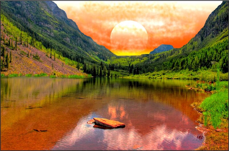 Sunset over Mountain Lake — Orange, Serene
