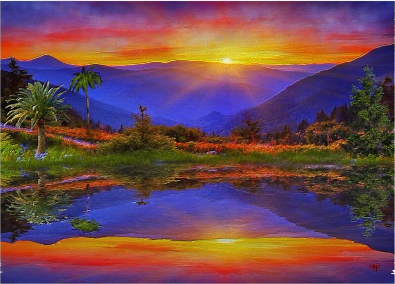 Sunset over Mountain Lake — Purple