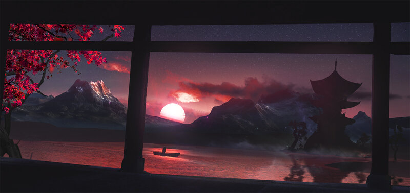 Sunset over Mountain Lake — Red, Serene