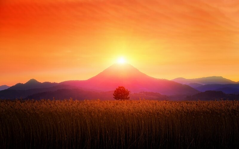 Sunset over Mountain — Orange, Serene, Photograph