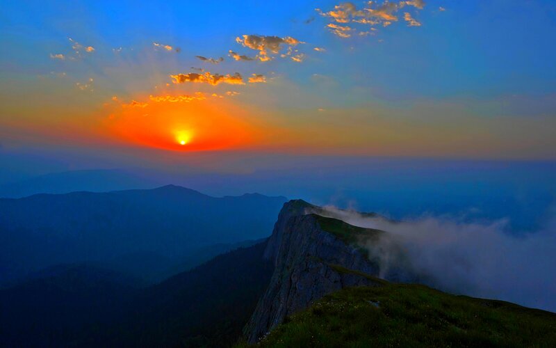 Sunset over Mountain Peak — Blue