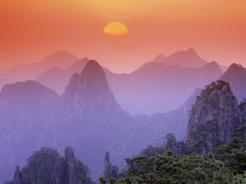 Sunset over mountain peaks