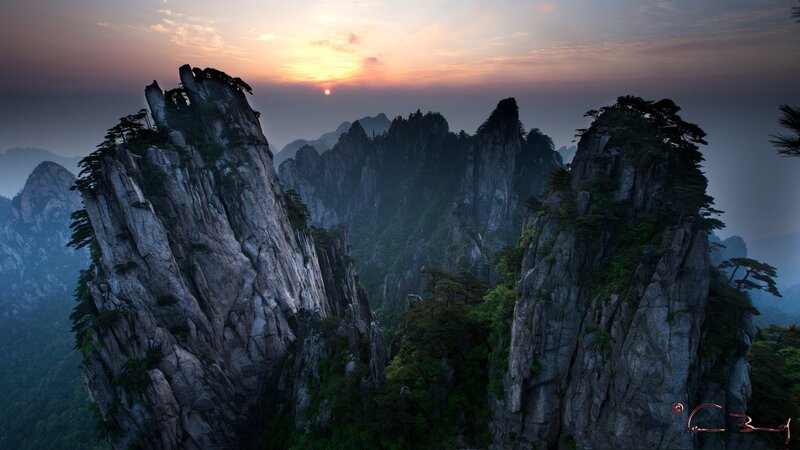 Sunset over mountain peaks