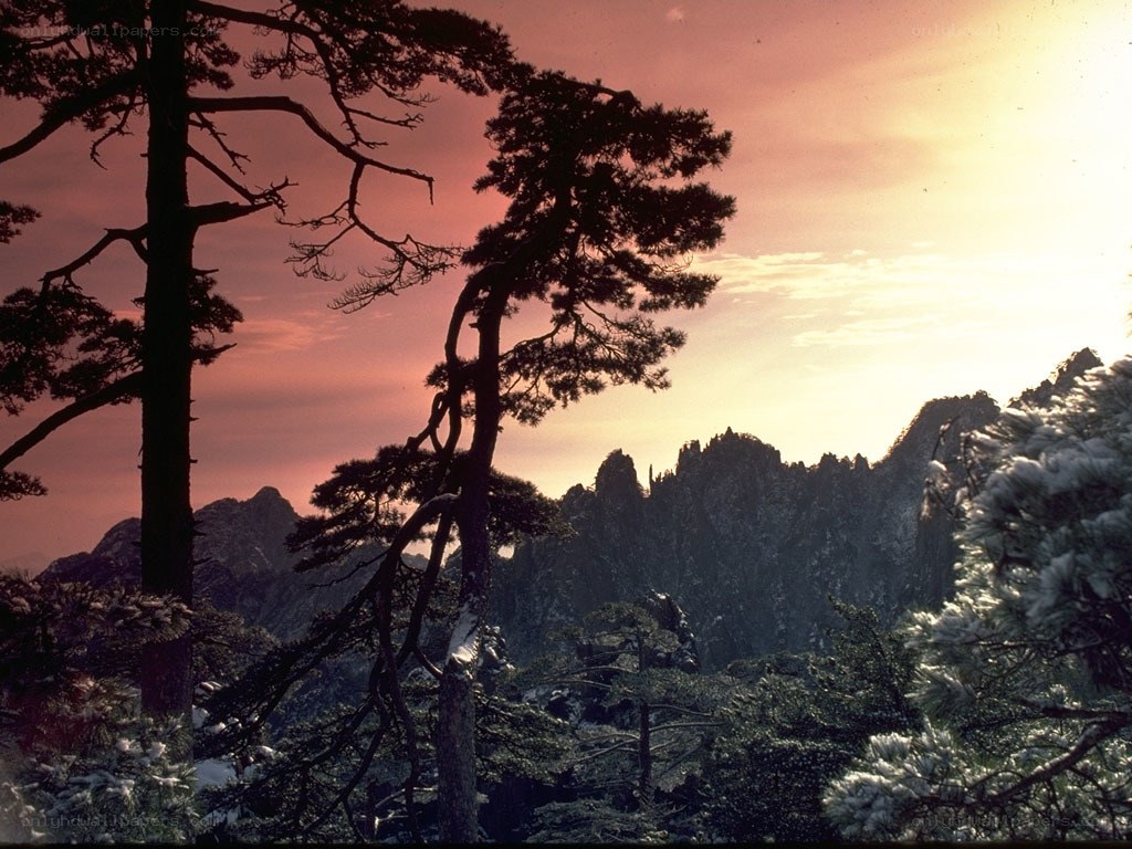 Sunset over mountain peaks