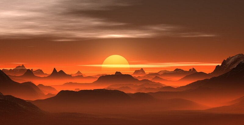 Sunset over Mountain Range — Orange, Dramatic, Digital Art