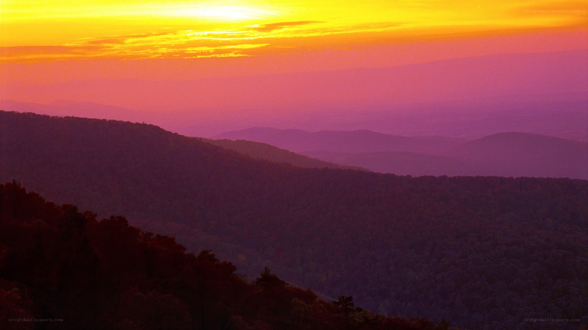 Sunset over mountain ridges