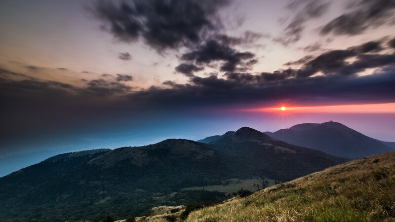 Sunset over mountain ridges