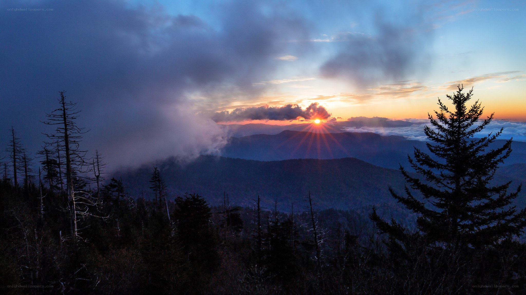 Sunset over mountain ridges