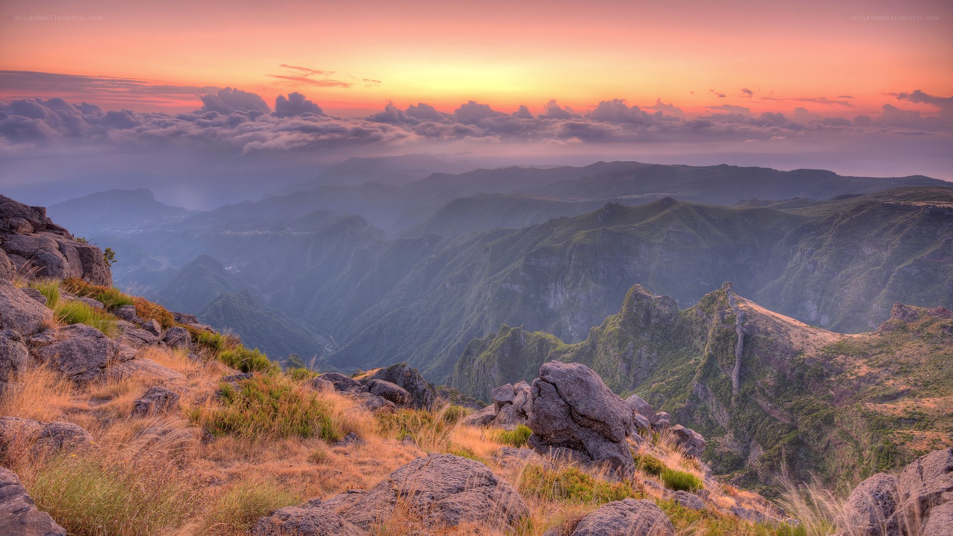 Sunset over mountain ridges