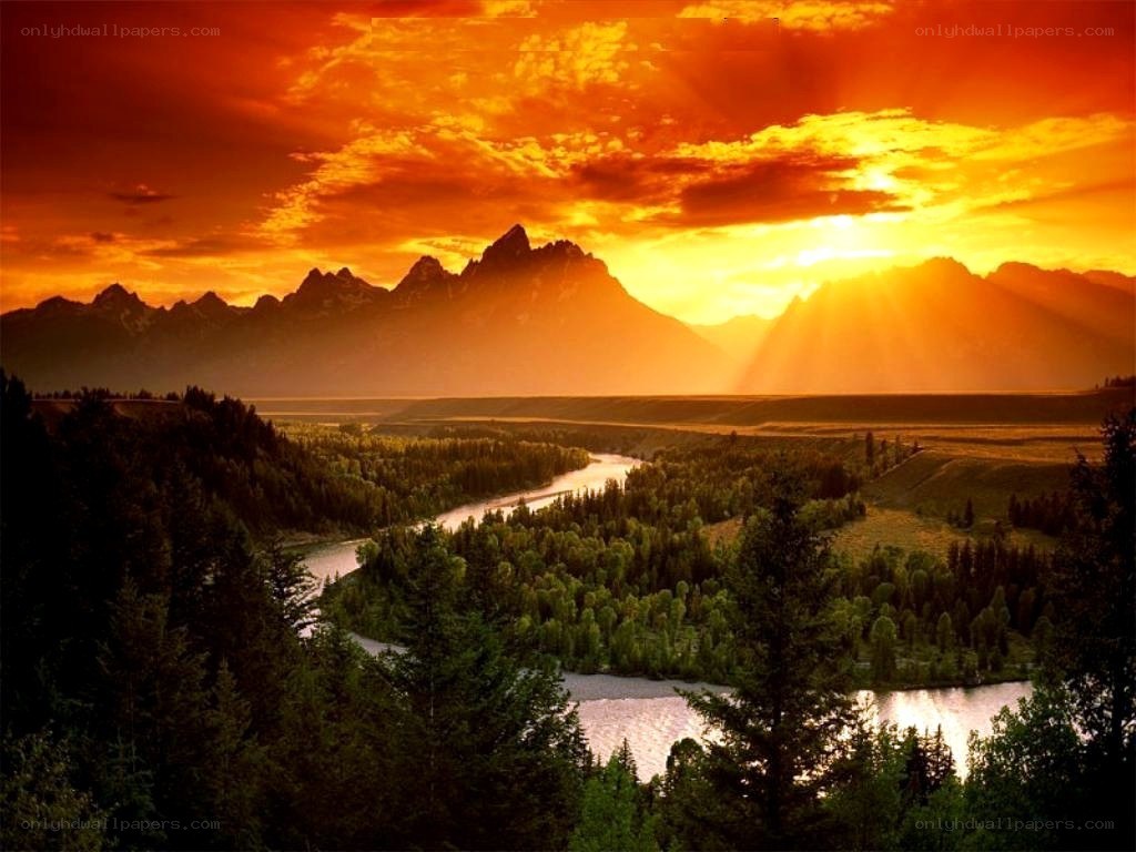 Sunset over mountain river