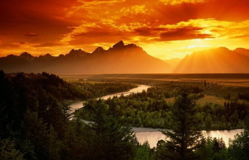 Sunset over mountain river