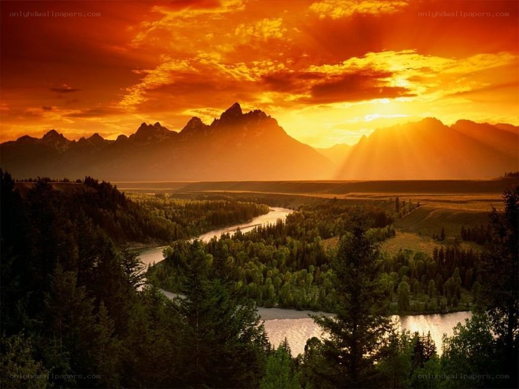 Sunset over mountain river