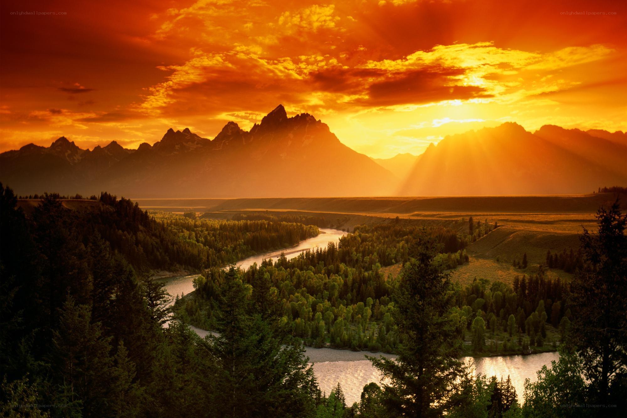 Sunset over mountain river