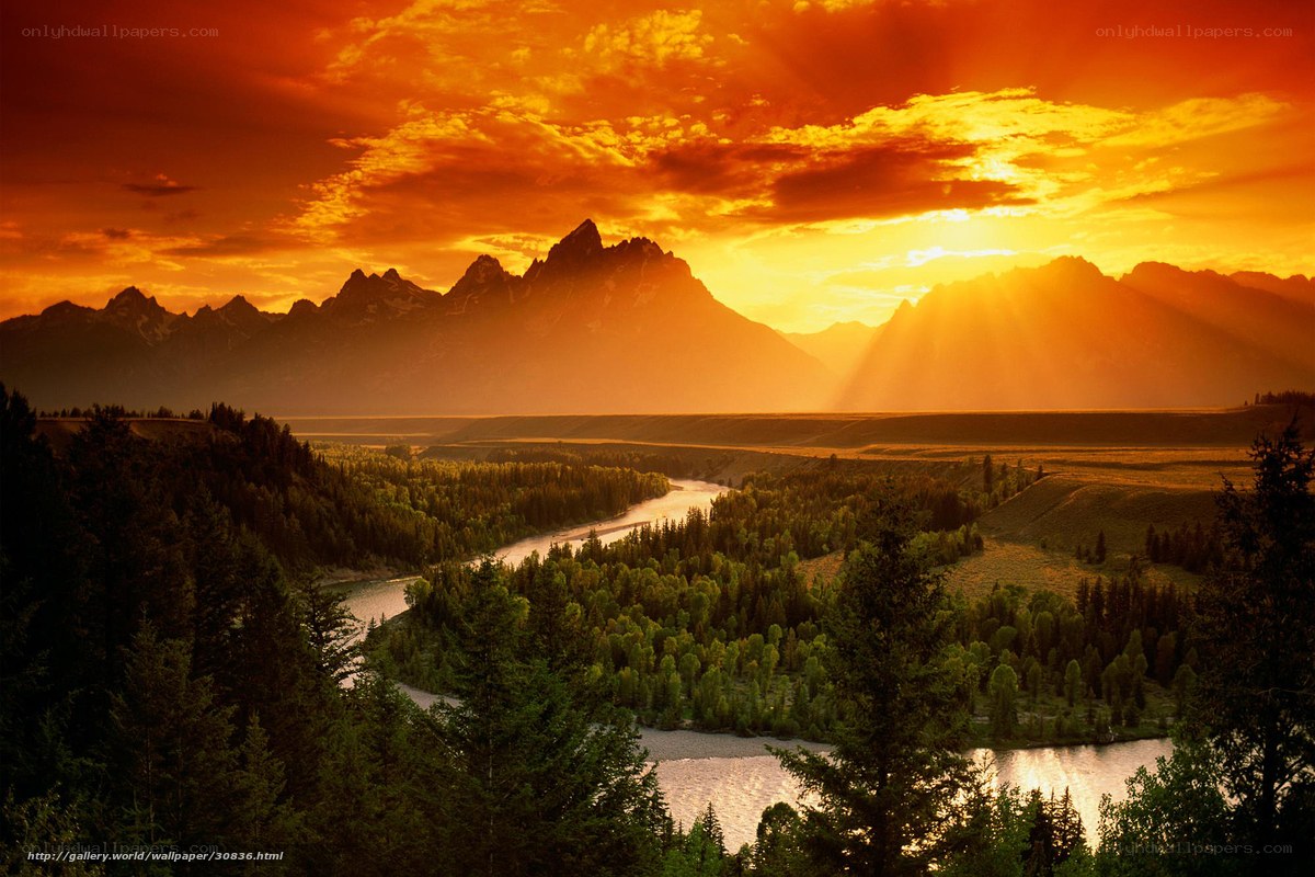 Sunset over mountain river