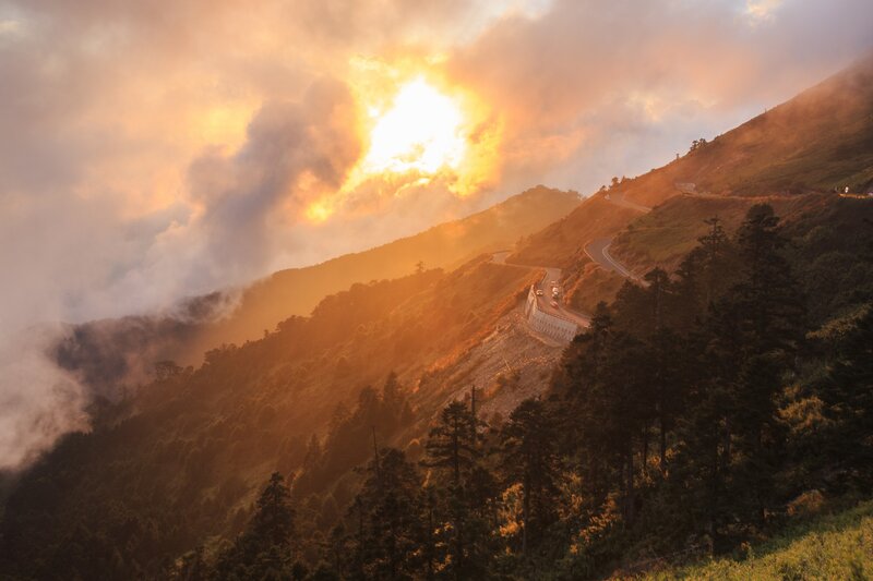 Sunset over mountain road